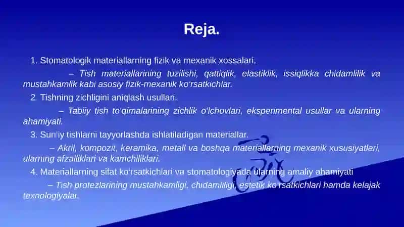 Stomatologik materiallarning fizik-mexanik xossalari. Tishning zichligini aniqlash. Suni’iy tishlarni tayyorlashda ishlatiladigan materiallarning mexanik xossalari. 2