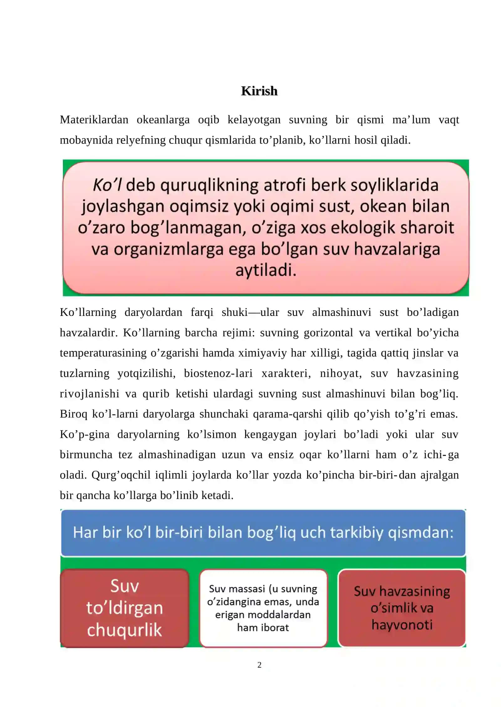 Ko’llar va SUV OMBORLARI, ularning XO’JALIKDAGI AHAMIYATI 2