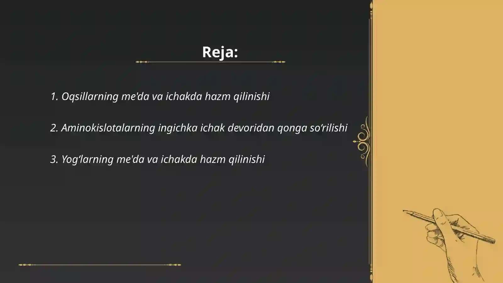 Oziq moddalar(oqsillar, yogʼlar, uglevodlar, mineral tuzlar) ning qonga soʼrilish mehanizmlari 2