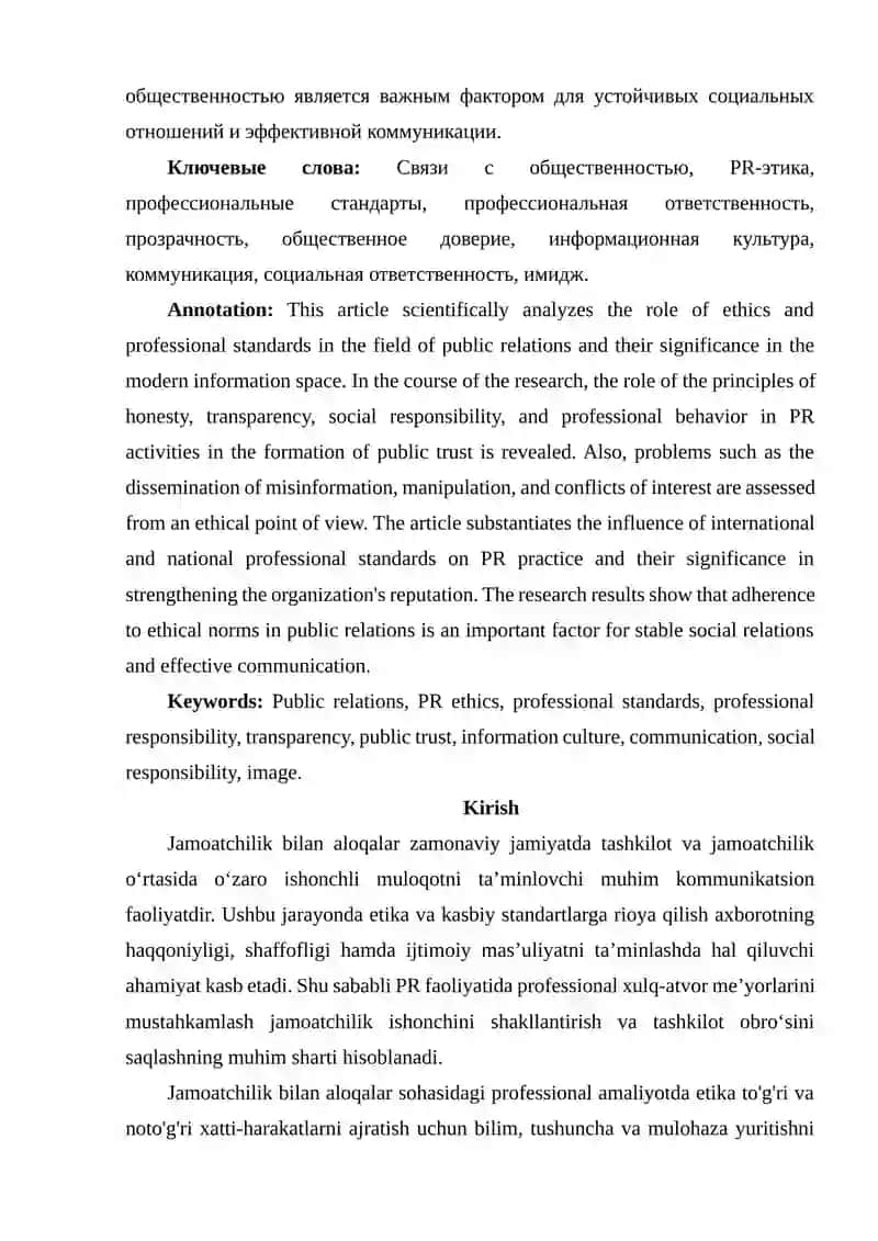 Jamoatchilik bilan aloqalarda etika va kasbiy standartlar 2