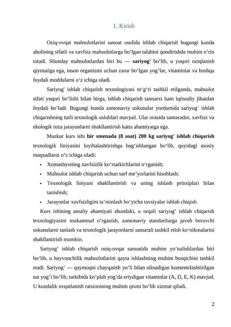 KURS ISHI: “Smenasiga 200 kg sariyog' ishlab chiqarish texnologik linyasini loyihalashtirish” 2