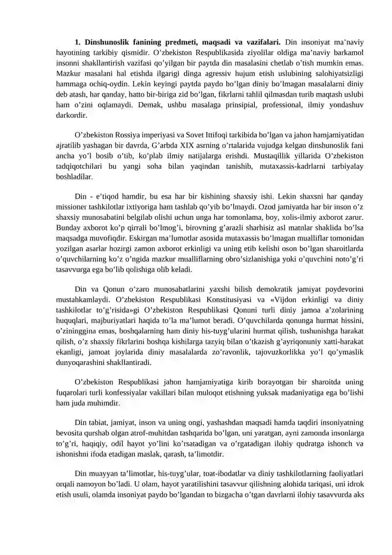 Dinshunoslik fan sifatida shakillanishi predmeti, maqsadi va vazifalari 2
