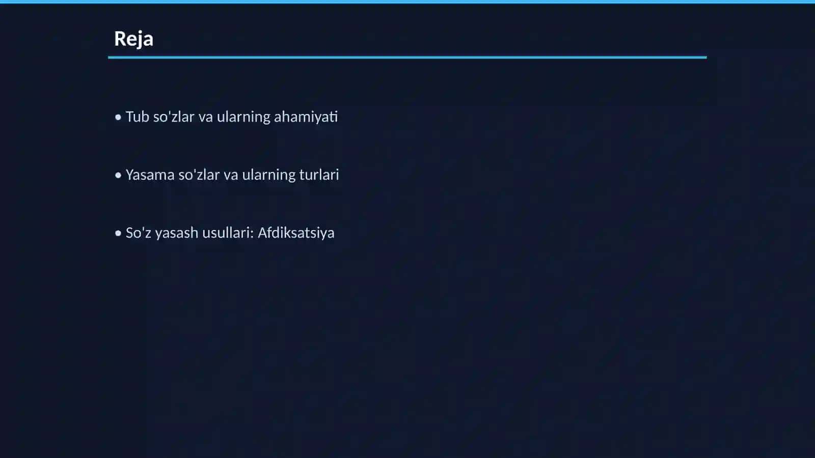 Tub va yasama so'zlar. So'z yasalishi (derivatsiya). Ona tilida yasash usullari: afdiksatsiya, kompozitsiya, semantik, fonetik, abbreviatsiya 2