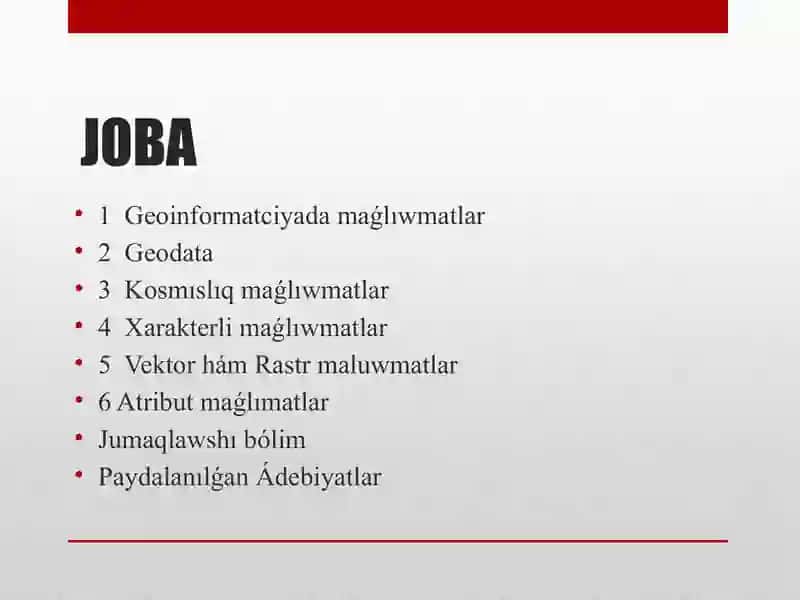Geografiya tálim baǵdarı 2-kurs studenti Dauılbaev Rasulbektiń Topografiya, kartagrafiya hám GIS páninen Geografiyalıq informatciyalar sistemasında maǵlıwmatlar bazası temasınan islegen 2