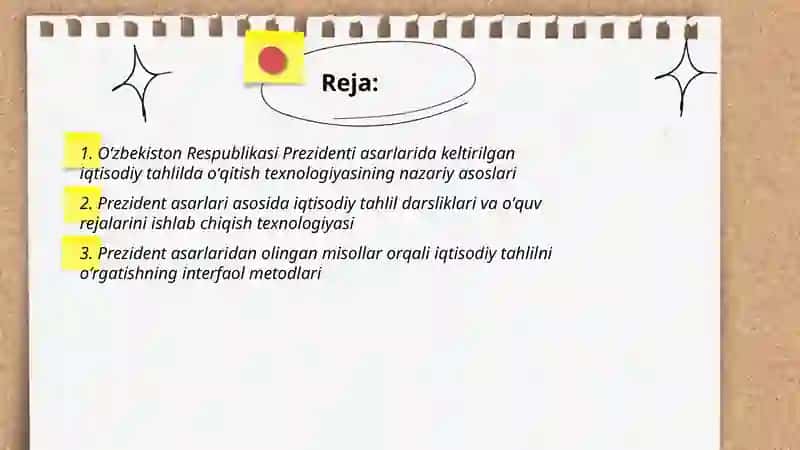 Oʻzbekiston Respublikasi Prezidenti asarlarida keltirilgan iqtisodiy tahlilda oʻqitish texnalogiyasi 2