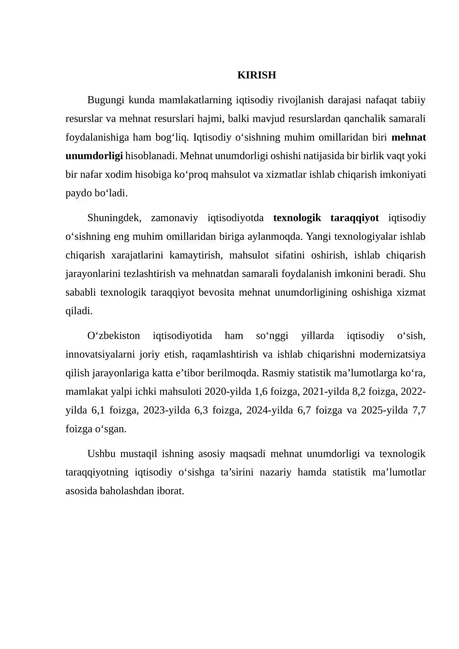 MEHNAT UNUMDORLIGI VA TEXNOLOGIK TARAQQIYOTNING IQTISODIY O‘SISHIDAGI ROLINI STATISTIK MA’LUMOTLAR ASOSIDA BAHOLASH 2