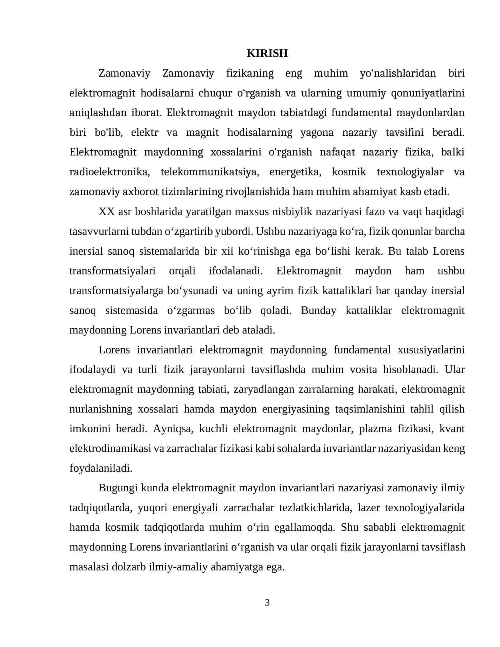 ELEKTROMAGNIT MAYDONNING INVARIANTLARI NAZARIY ASOSLARI	5 2