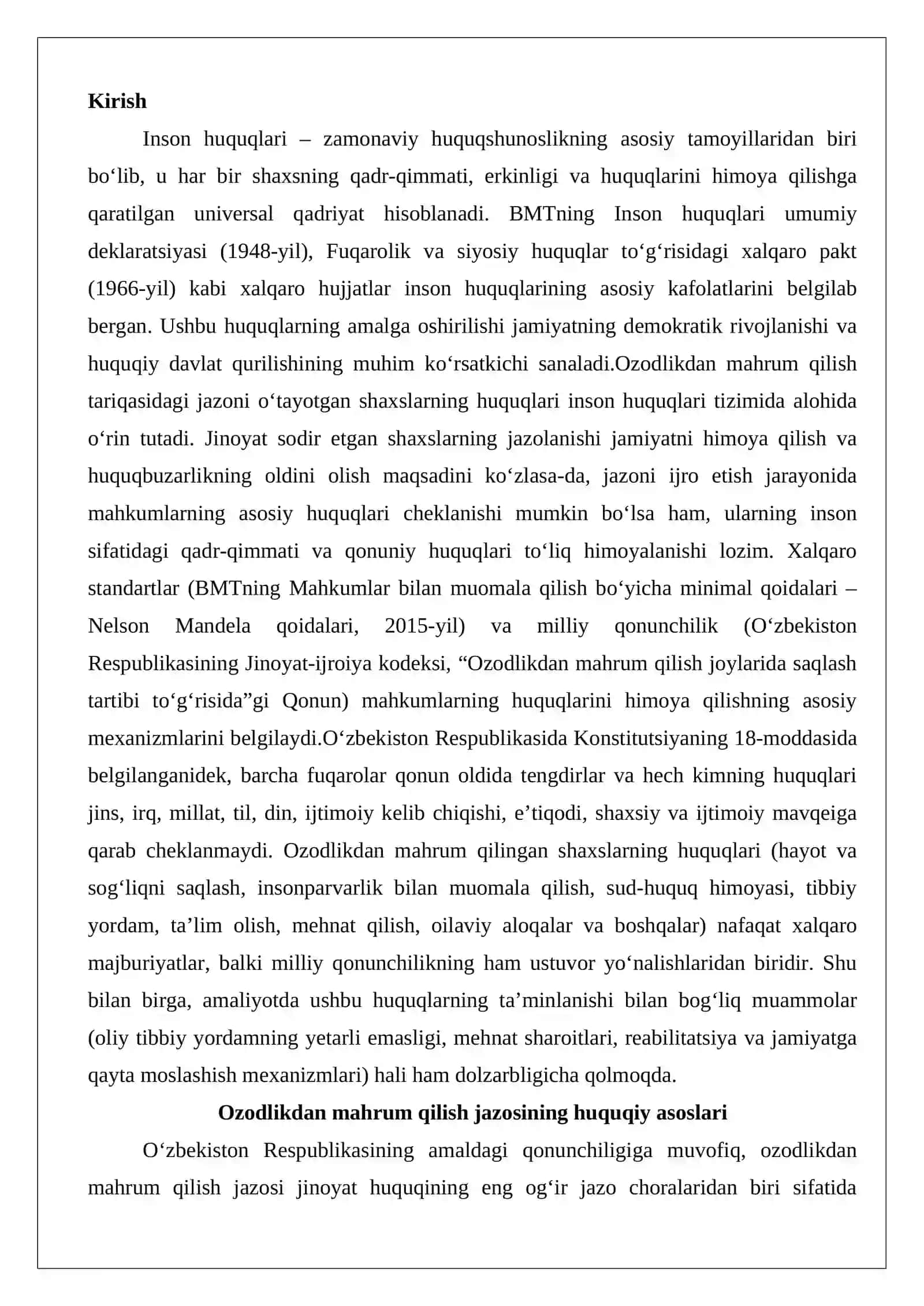 Ozodlikdan mahrum qilish tariqasidagi jazoni o‘tayotgan shaxslarning huquqlari 2
