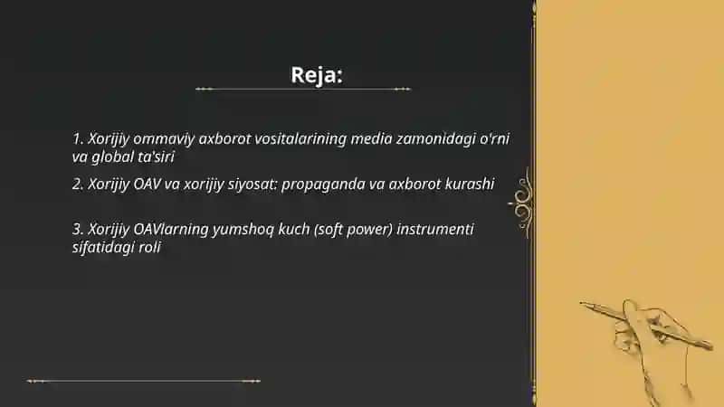 Xorijiy ommaviy axborot vositalarini media zamondagi órni 2