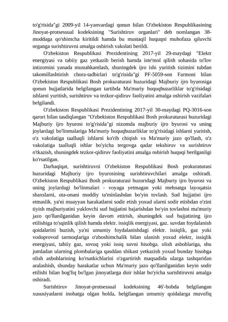 O'zbekiston Respublikasi Bosh prokuraturasi huzuridagi Majburiy ijro byuroning surishtiruv olib borish amaliyoti 2