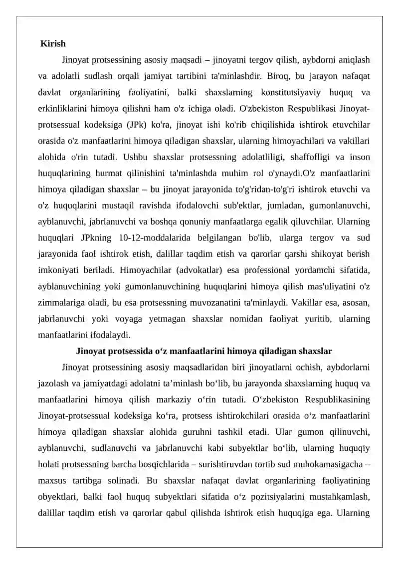 Jinoyat protsessida o‘z manfaatlarini himoya qiladigan shaxslar, himoyachilar va vakillar 2