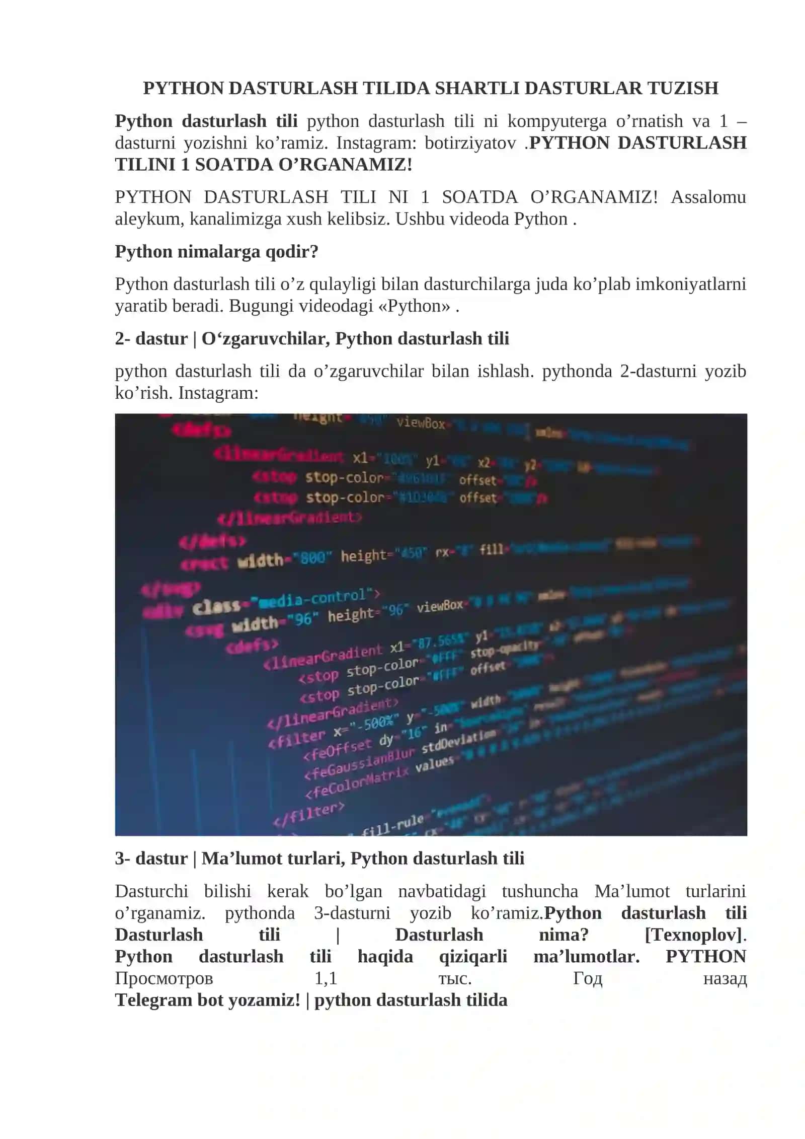 PYTHON DASTURLASH TILIDA SHARTLI DASTURLAR TUZISH 2