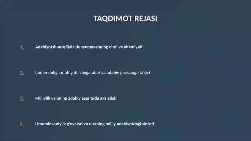 ADABIYOTSHUNOSLIKDA DUNYOQARASH, IJOD ERKINLIGI, MILLIYLIK VA UMUMINSONIYLIK 2