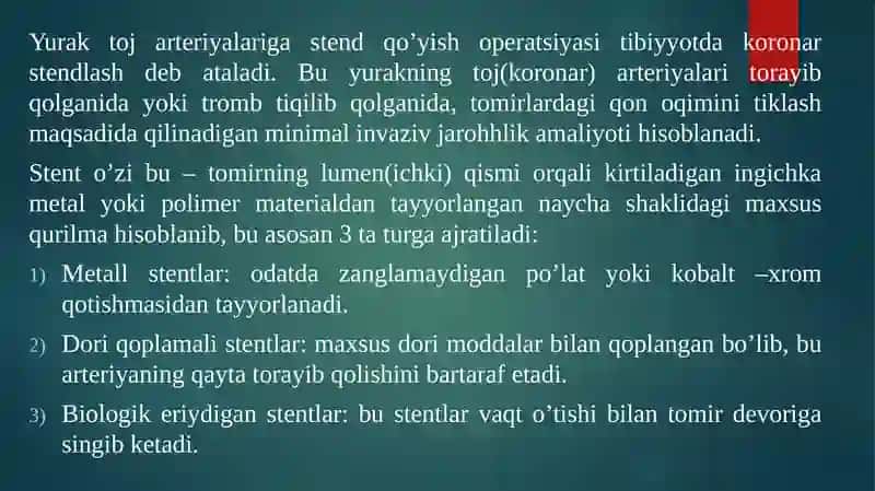 Yurak toj arteriyalari gastendqo'yish operatsiyasi 2