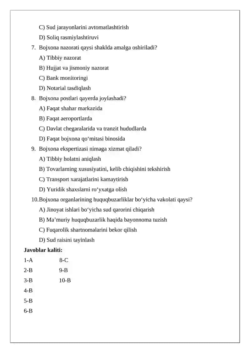 Bojxona organlari mavzusiga 10 ta test 2