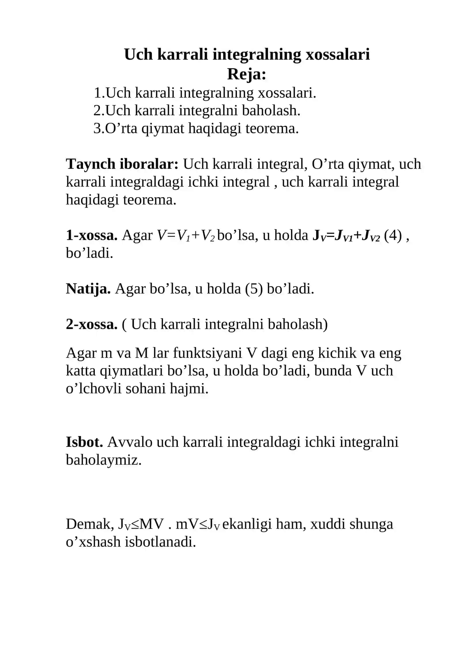 Uch karrali integralning xossalari 2
