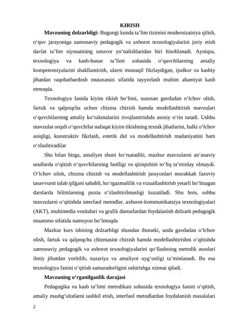 GAVDADAN O'LCHOV OLISH FARTUK VA QALPOQCHA UCHUN CHIZMA CHIZISH MODELLASHTIRISH (MAVZUSINI O'QITISHDA PEDAGOGIK VA AXBOROT TEXNOLOGIYALARNI QO'LLASH METODIKASI) 2