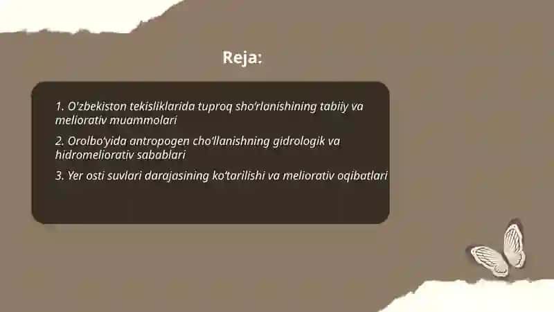 O'zbekiston Respublikasining tekislik qismining tabiiy meliorativ muammolari va ular yechimining ilmiy asoslari 2