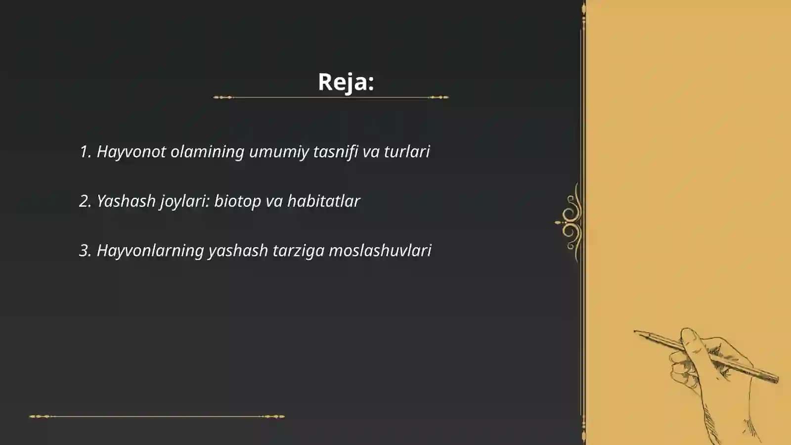 Hayvonot olamining yashash tarzi koʻpayishi va tarqalishi va turlari haqidagi bilimlarni oʻzlashtirish va tahlil qilish mavzusida slayd tayyorlab bering 2