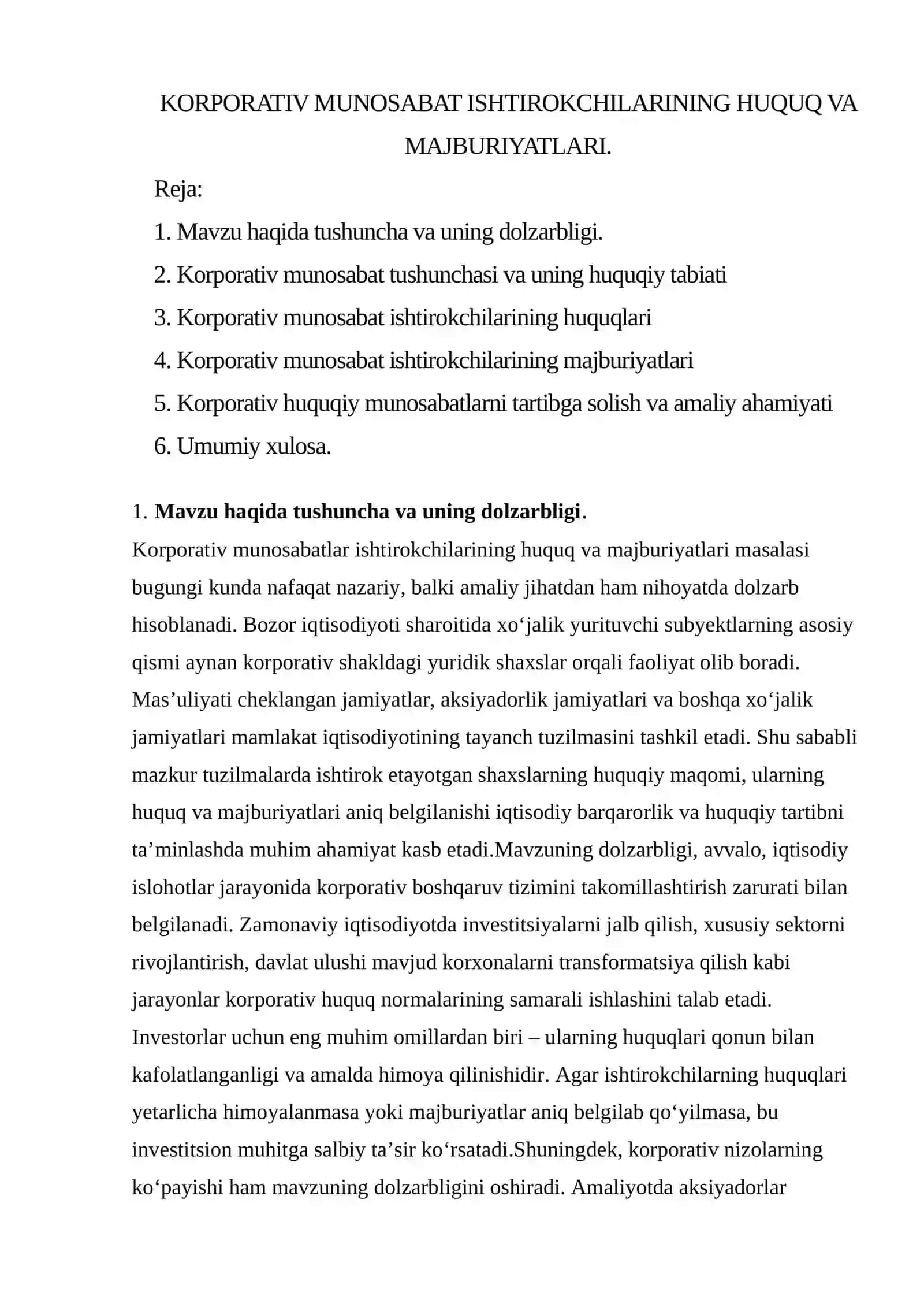 Korporativ munosabat ishtirokchilarining huquq va majburiyatlari 2