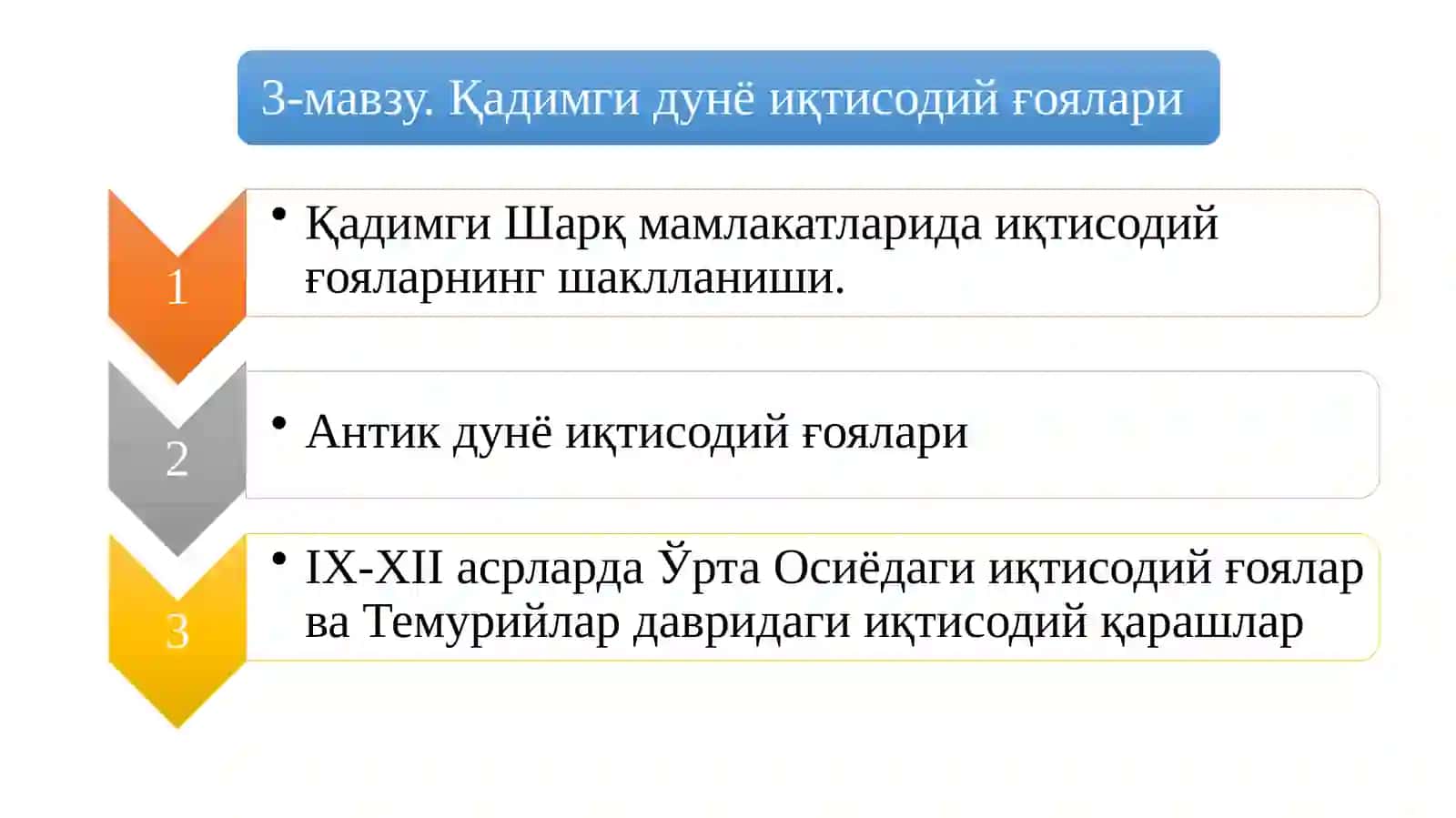 "ҚАДИМГИ ДУНЁ ИҚТИСОДИЙ ҒОЯЛАРИ" 2