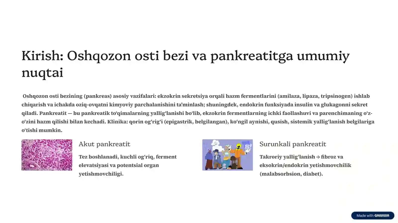 Pankreatit rivojlanishining biokimyoviy asoslari. Davolash va diagnostika tamoyillari 2