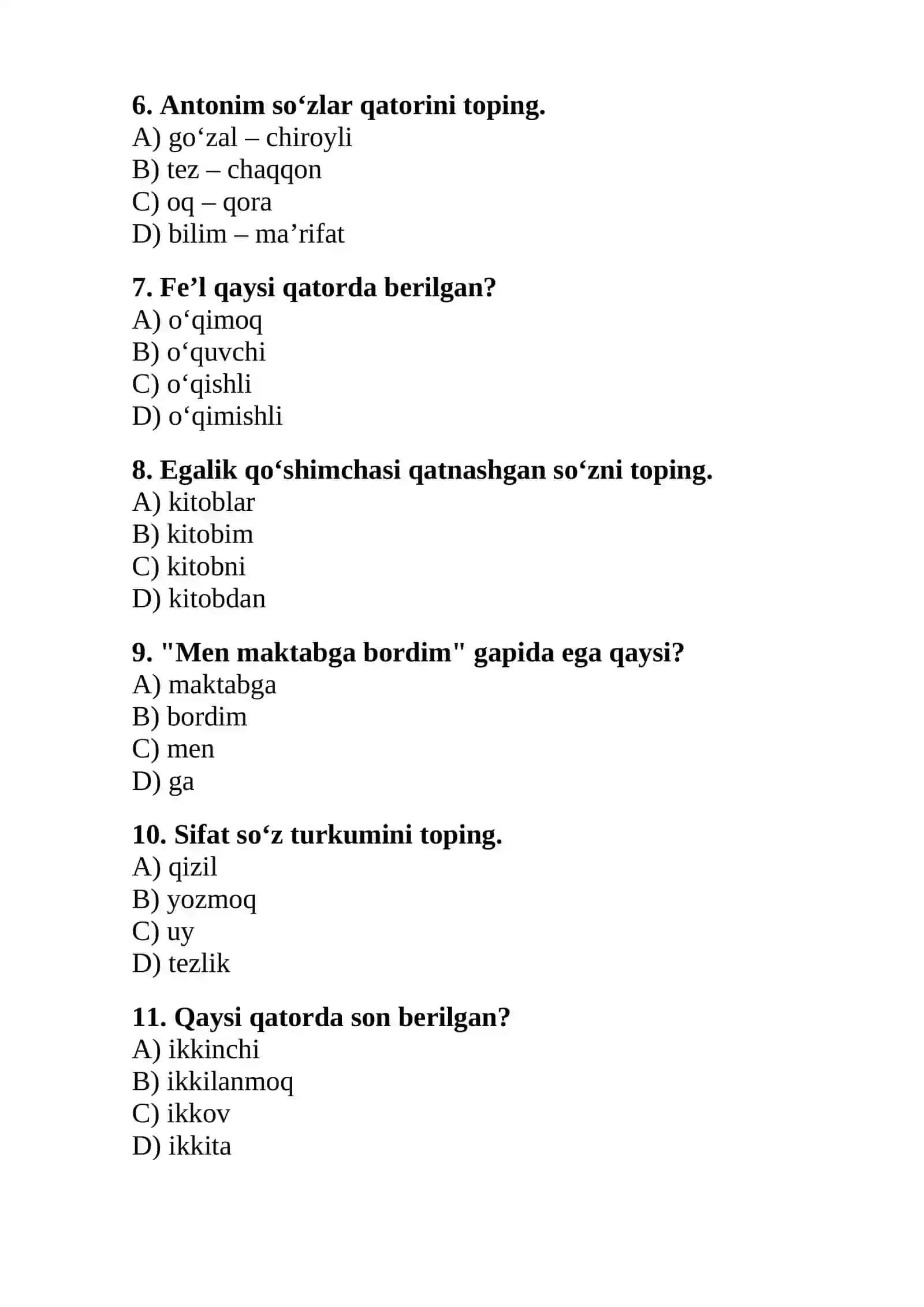 Ona tili va adabiyot fanidan DTM test 2