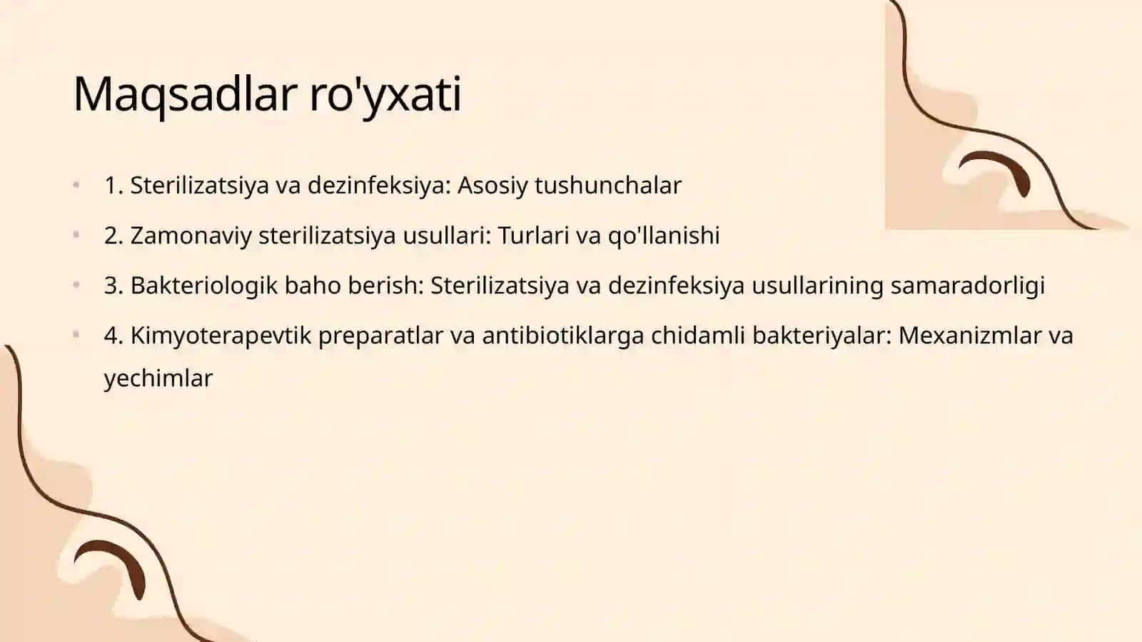 Tibbiyotda zamonaviy sterilizatsiya usullari. Sterilizatsiya, dezinfeksiya usullariga bakteriologik baho berish. Kimyoterapevtik preparatlar va antibiotiklarga bakteriyalarning chidamli shtammlarining shakllanish mexanizmlari. 2
