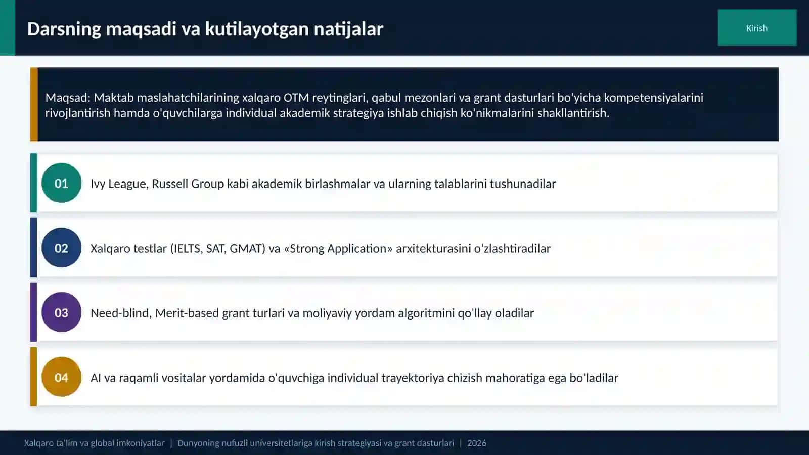 Xalqaro ta'lim va global imkoniyatlar | Dunyoning nufuzli universitetlariga kirish strategiyasi va grant dasturlari 2