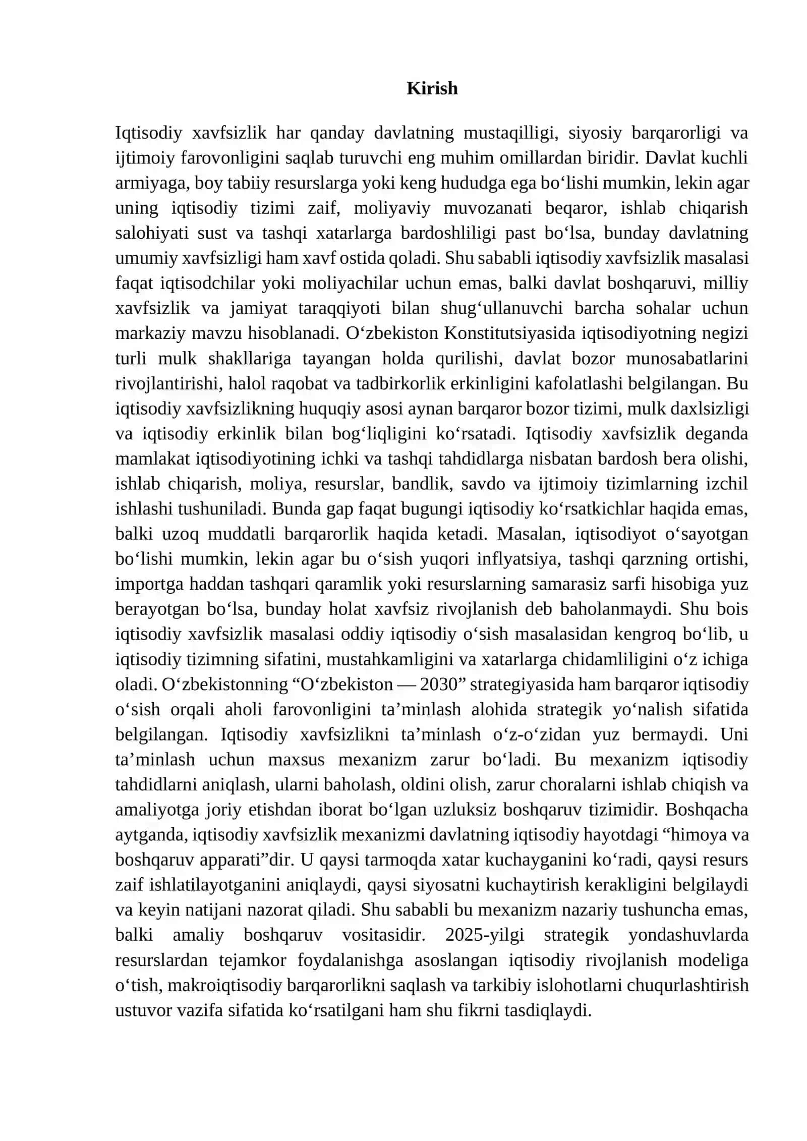 Iqtisodiy xavfsizlikni ta’minlash mexanizmi faoliyati
Reja 2
