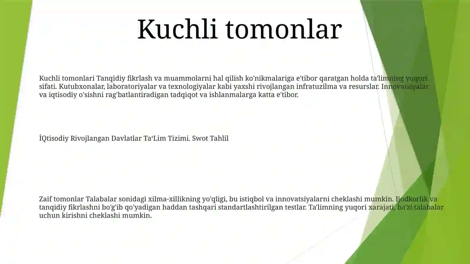 İQtisodiy Rivojlangan Davlatlar Ta‘Lim Tizimi. Swot Tahlil 2