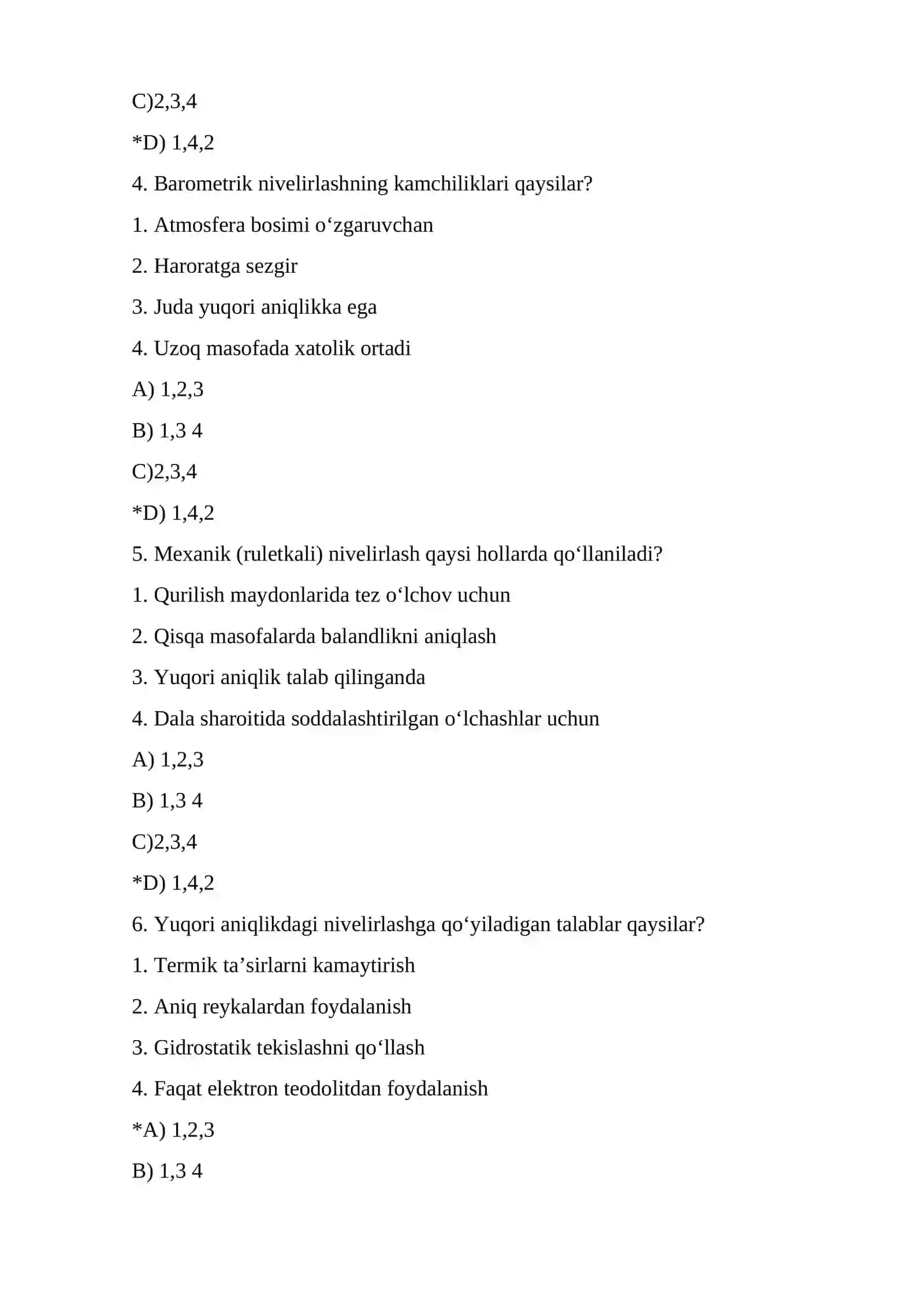 MAVZU: NIVELIRLASH. NIVELIRLASH TURLARI. KO’P JAVOBLI SAVOLLAR: 2