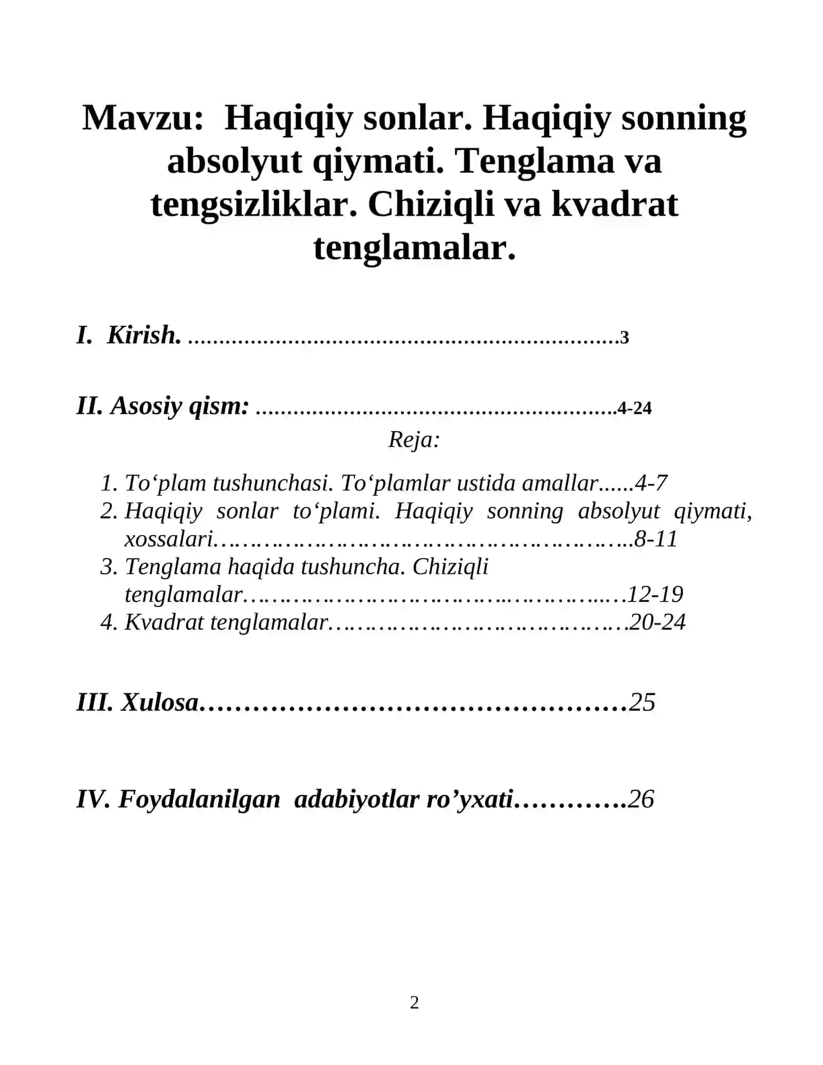 Haqiqiy sonlar. haqiqiy sonning absolyut qiymati. tenglama va 2