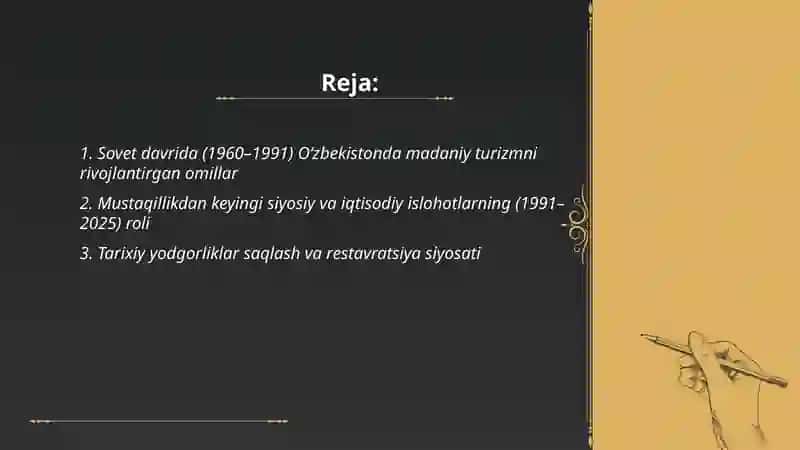 Oʻzbekistonda madaniy turizmning rivojlanish omillari (1960-2025) 2