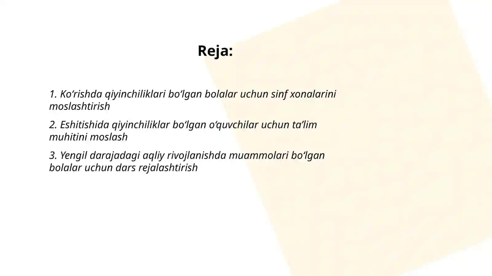Koʻrishda eshitishida va yengil darajadagi aqliy rivojlanishda muommosi boʻlgan bolalar inklyuziv taʼlimda sinf xonalari va dars jarayoniga moslashishi 2