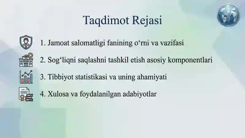 Jamoat salomatligi va sog‘liqni saqlashni tashkil etish fanning o‘rni, asosiy komponentlari. 2