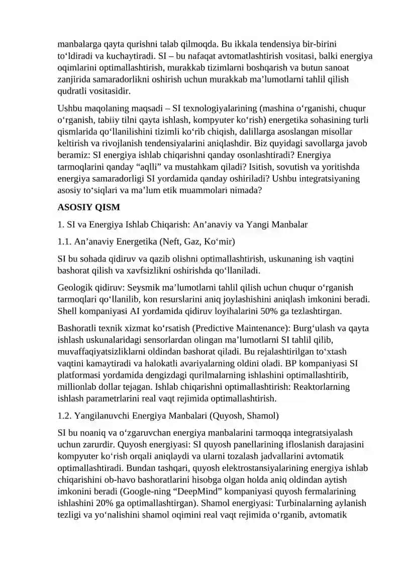 Sunʼiy Intellekt va Energiya Sektori: Oʻzaro Bogʻliqlik va Kelajak Istiqbollari 2