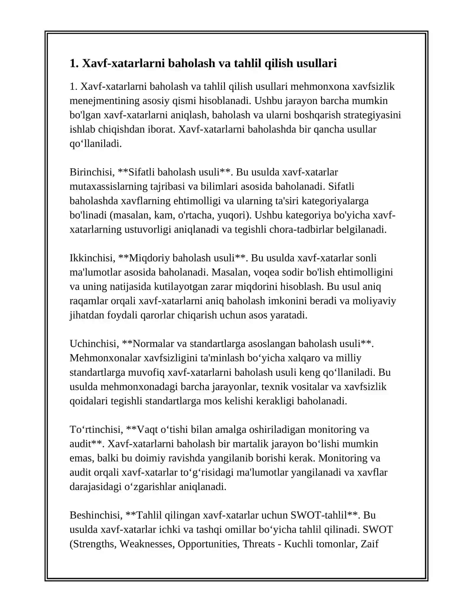 MEHMONXONADA XAVFSIZLIK MENEJMENTI:RISKLAR VA FAVQULODDA VAZIYATLAR REJASI 2