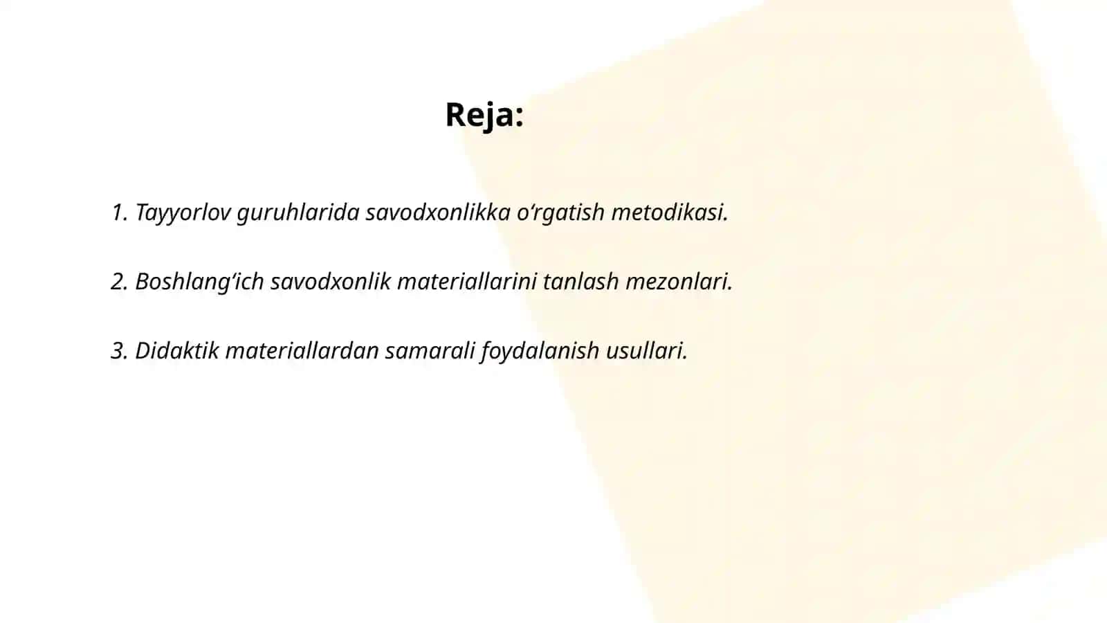 Tayyorlov guruhlarda savodxonlikka oʻrgatish taʼlimiy faoliyati va didaktik materiallar mazmunini takomillashtirish hamda ulardan samarali foydalanishni yoʻlga qoʻyish 2