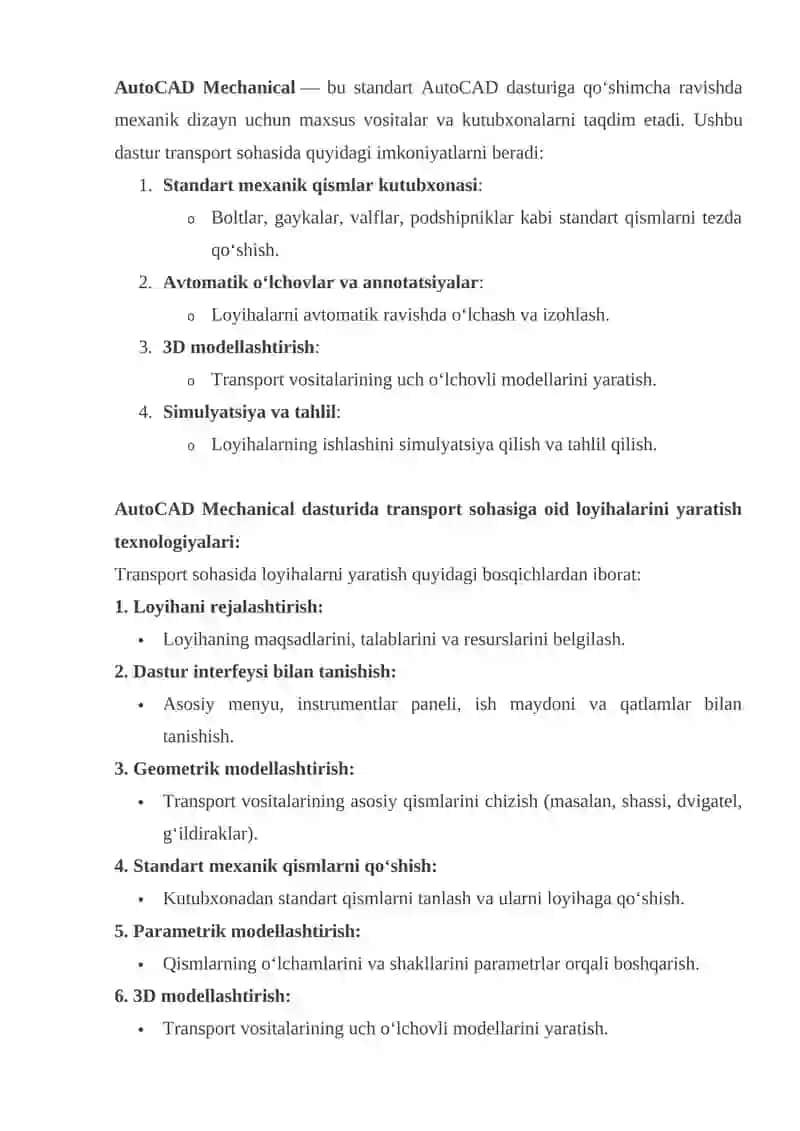 GRAFIK MODELLASHTIRISH ASOSLARI. AUTOCAD MECHANICAL AVTOMATLASHTIRILGAN LOYIHALASH DASTURIDA TRANSPORT SOHASIGA OID LOYIHALARINI YARATISH TEXNOLOGIYALARI 2