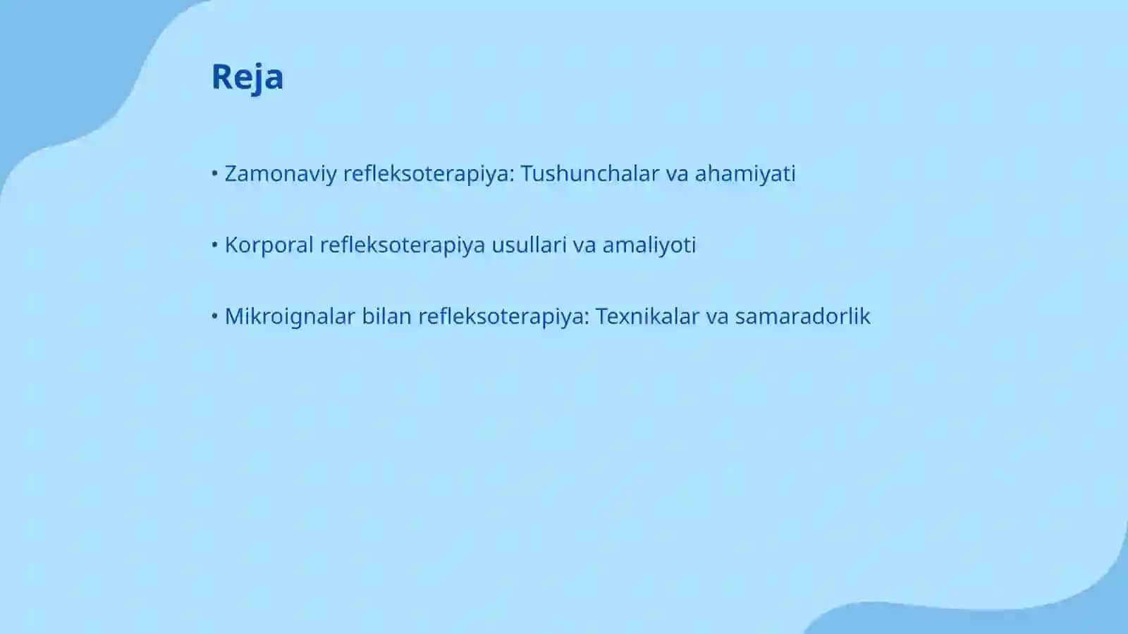 Biologik faol nuqtalarga va sohalarga zamonaviy reflektor ta’sir usullari, korporal refleksoterapiya, mikroignalar bilan refleksoterapiya, kranial refleksoterapiya terma refleksoterapiya 2