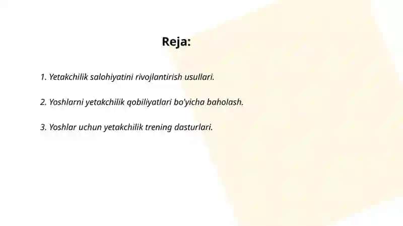 Yetakchilik salohiyatiga ega bo'lgan yoshlar zaxirasi bilan ishlash 2