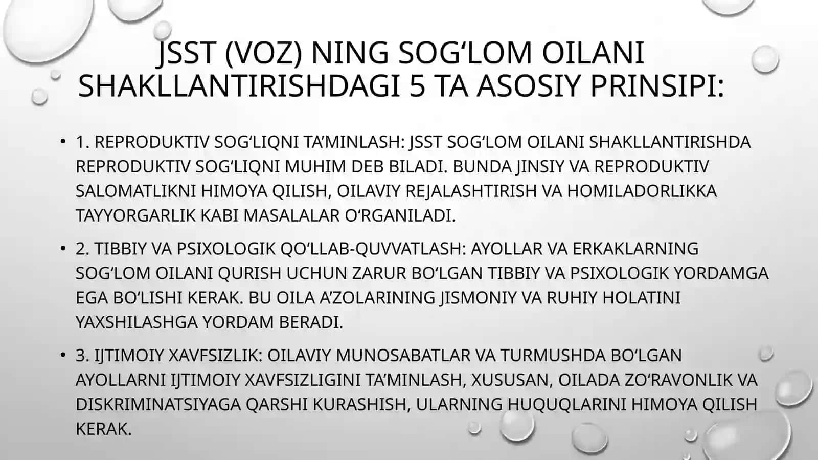 JSST(VOZ)ning sog‘lom oilani shakllantirishdagi 5 ta asosi. Erta yoshdagi va katta yoshli ayollardagi tug‘ruqlar. Qarindoshlar o‘rtasidagi nikoh va uning asoratlari 2