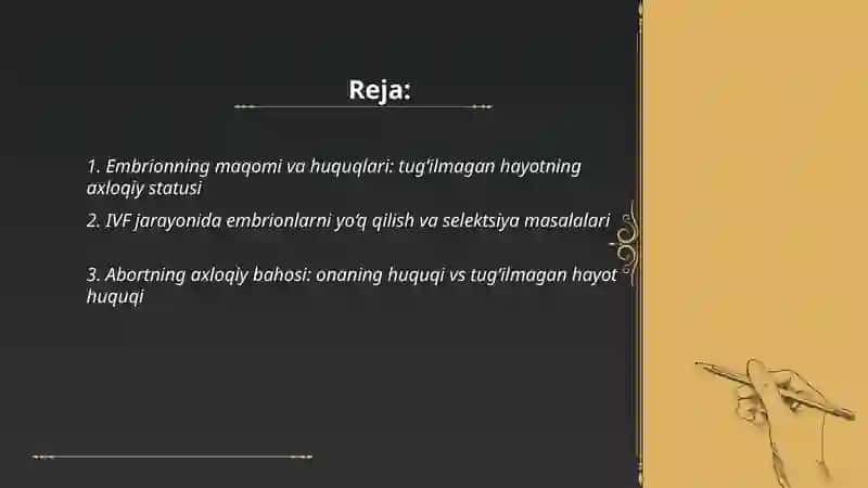 Yangi reproduktiv texnologiyalarning axloqiy muammolari.Abort va surrogat onalik muammolari 2