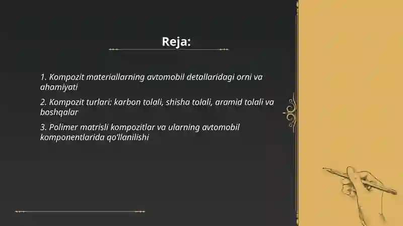 Kompozit materiallarning avtomobil detallaridagi orni va istiqbollari 2