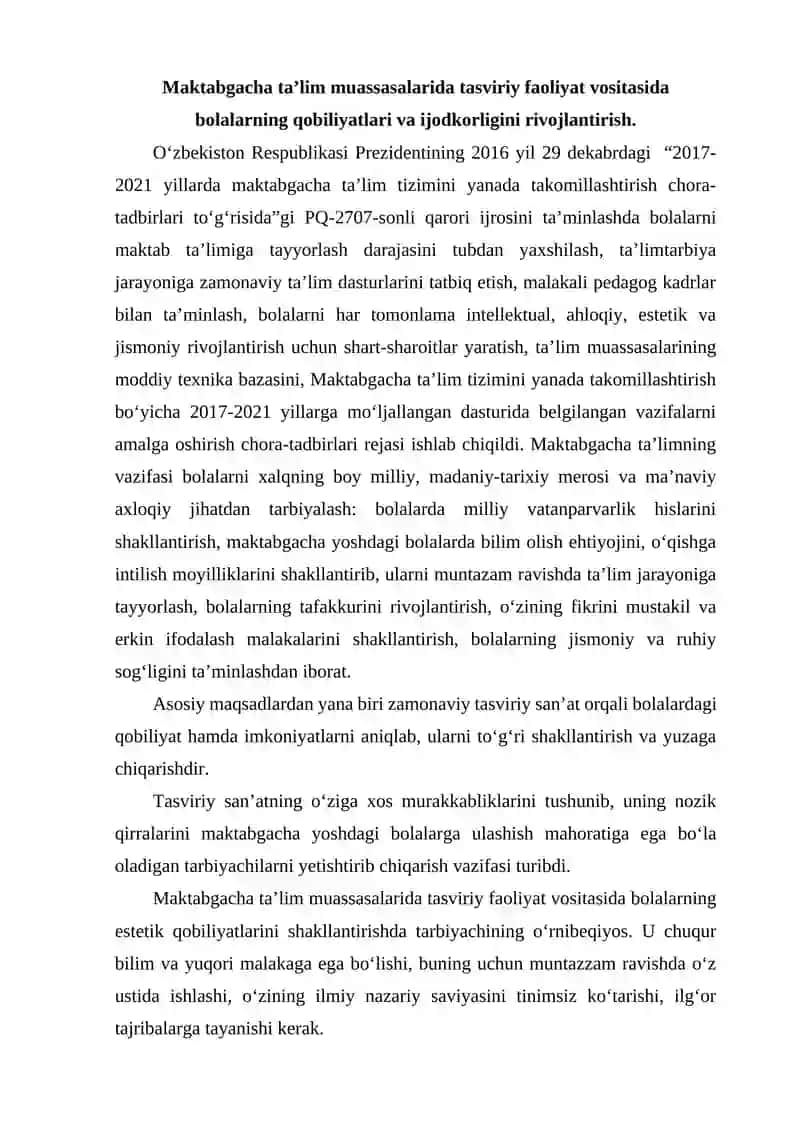 Maktabgacha yoshdagi bolalarni tasviriy qobiliyati va ijodkorligini rivojlantirish 2