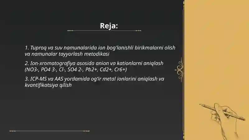 Tuproq va suvning ifloslanishida ion bog'lanishli birikmalarni aniqlab ulardan tozalash usullarini ishlab chiqish 2