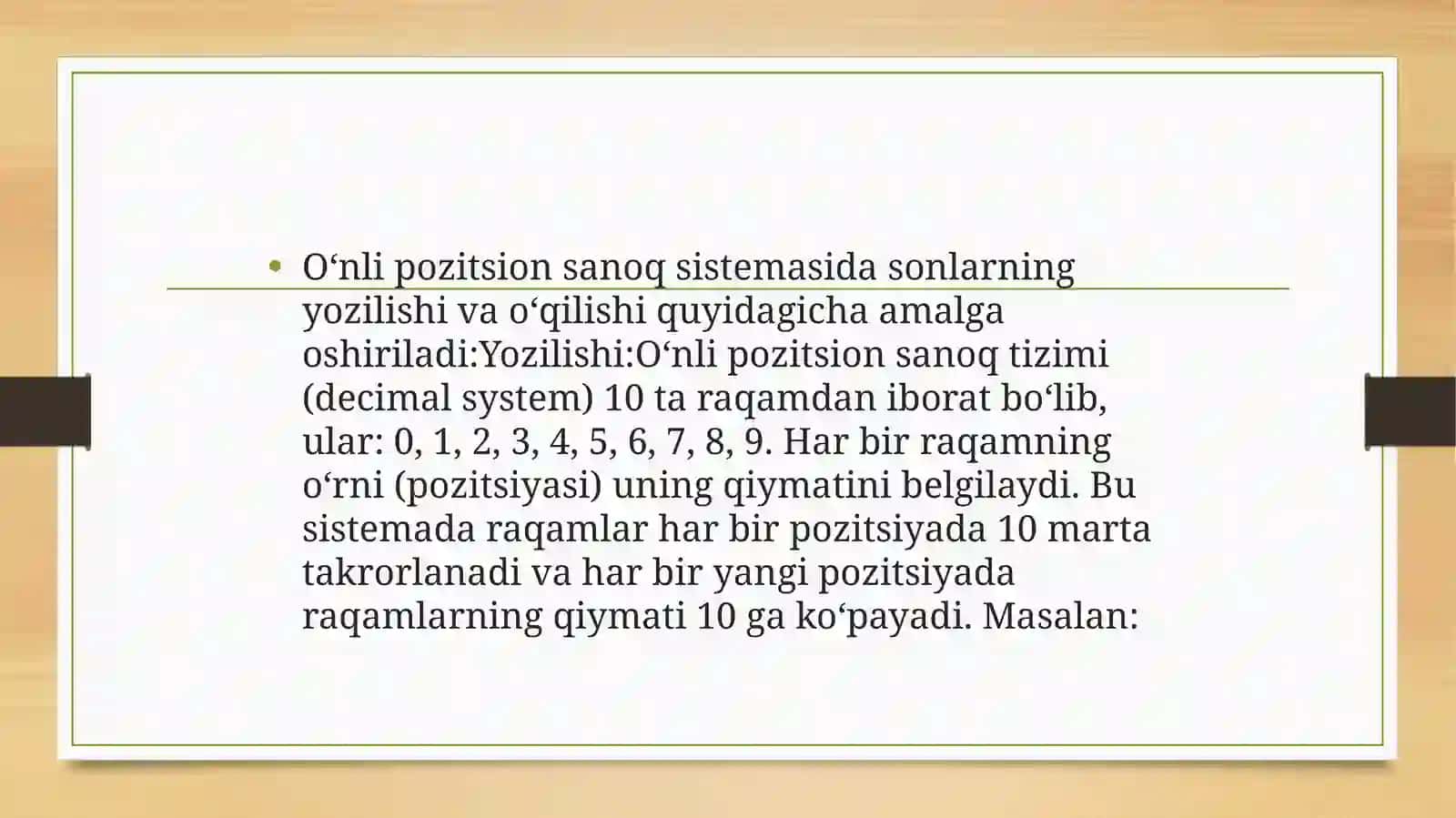 Oʻnli pozitsion sanoq sistemining yozilishi va oʻqilishi 2