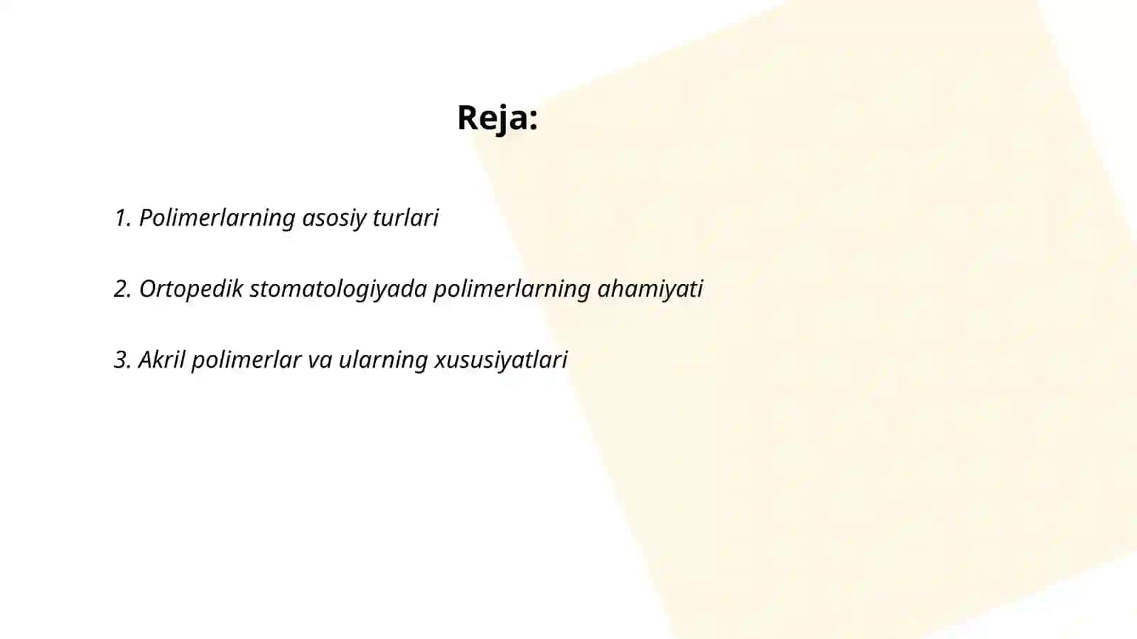 Polimerlar.Ortopedik stomotologiya amalyotida ishlatiladigan plasmassalar, ularning turlari 2