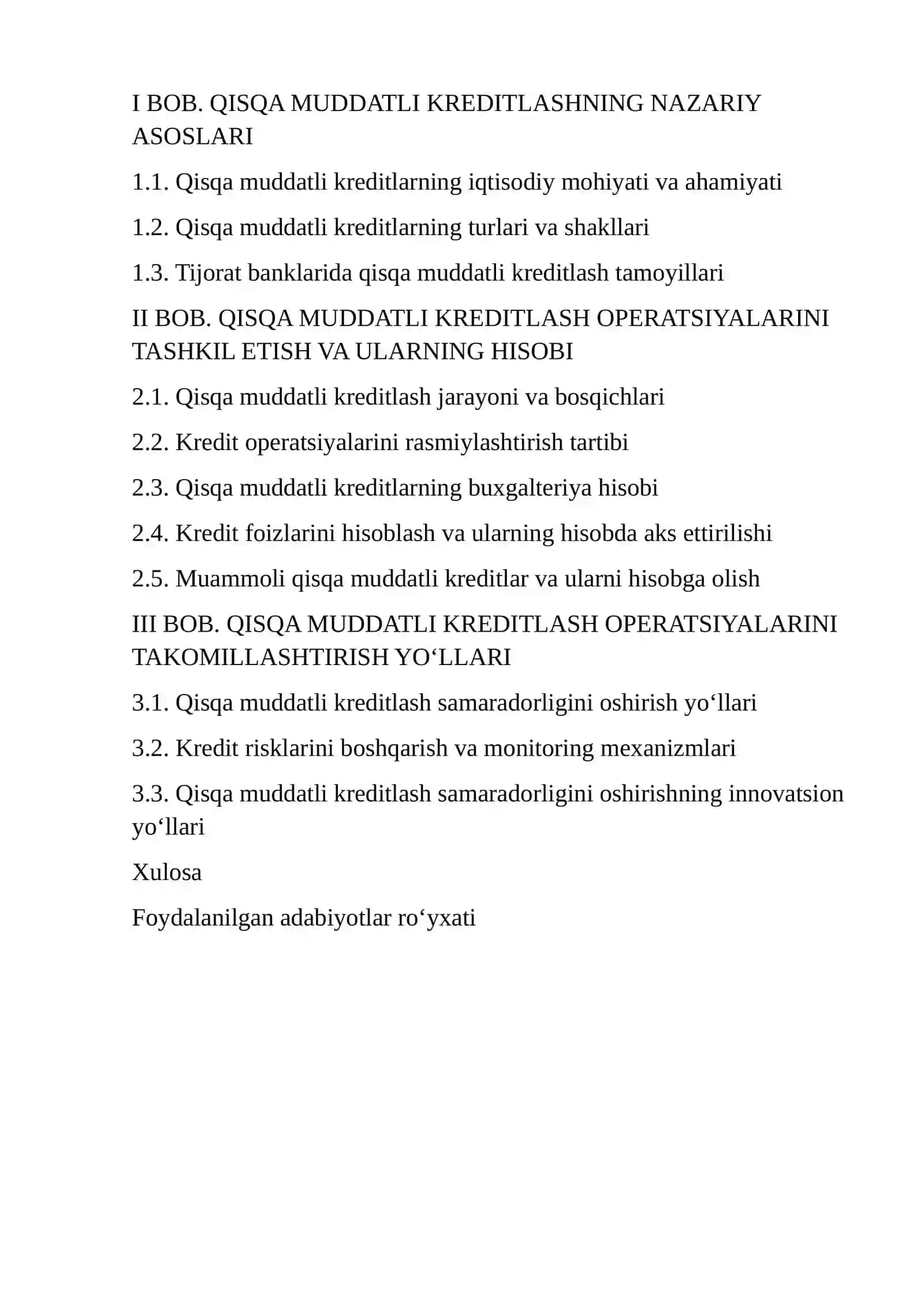 QISQA MUDDATLI KREDITLASH OPERATSIYALARI VA ULAR HISOBINING TASHKIL ETILISHI 2